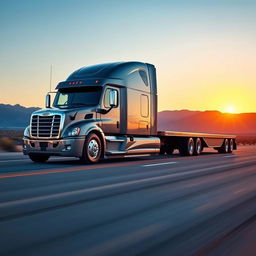 A stretched Freightliner Cascadia, showcasing a modified long-body truck with a sleek design, featuring an elongated chassis and a polished metallic finish
