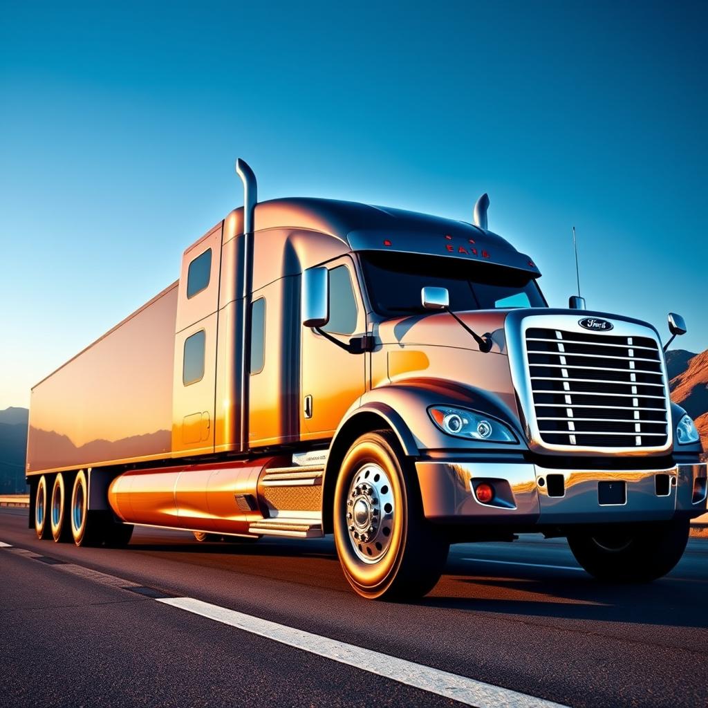A stretched Freightliner Cascadia, showcasing a modified long-body truck with a sleek design, featuring an elongated chassis and a polished metallic finish