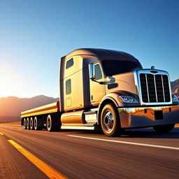 A stretched Freightliner Cascadia, showcasing a modified long-body truck with a sleek design, featuring an elongated chassis and a polished metallic finish