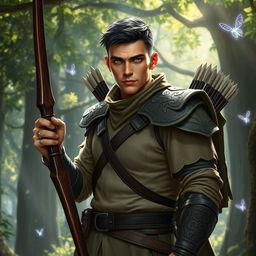 A charismatic male archer from a Dungeons & Dragons fantasy setting, standing heroically in an enchanted forest