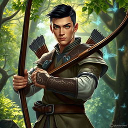 A charismatic male archer from a Dungeons & Dragons fantasy setting, standing heroically in an enchanted forest