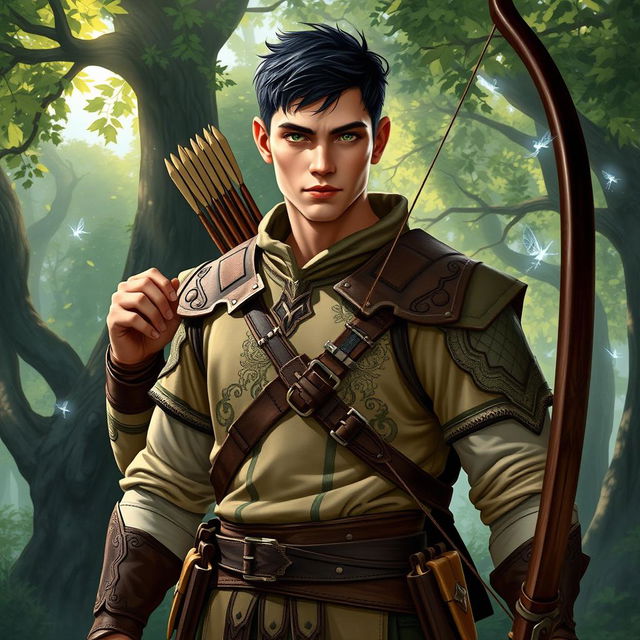 A charismatic male archer from a Dungeons & Dragons fantasy setting, standing heroically in an enchanted forest