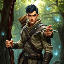 A charismatic male archer from a Dungeons & Dragons fantasy setting, standing heroically in an enchanted forest