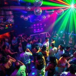 A vibrant and energetic scene inside a discoteca, featuring colorful lights flashing across the dance floor