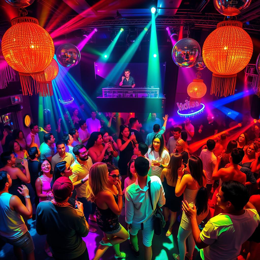 A vibrant and energetic scene inside a discoteca, featuring colorful lights flashing across the dance floor