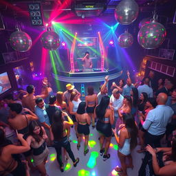 A vibrant and energetic scene inside a discoteca, featuring colorful lights flashing across the dance floor