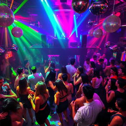 A vibrant and energetic scene inside a discoteca, featuring colorful lights flashing across the dance floor