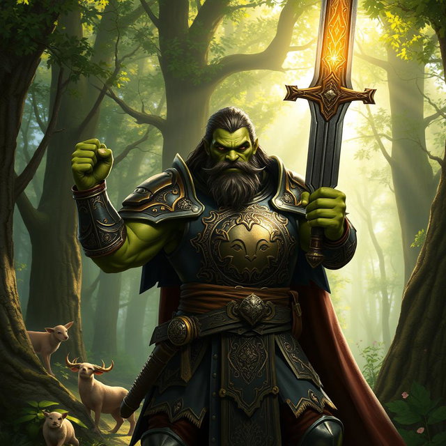 A half-orc Dungeons & Dragons paladin standing heroically in a lush forest, wearing ornate armor that features intricate engravings and a shining breastplate