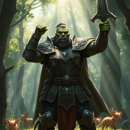 A half-orc Dungeons & Dragons paladin standing heroically in a lush forest, wearing ornate armor that features intricate engravings and a shining breastplate