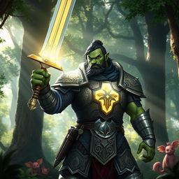 A half-orc Dungeons & Dragons paladin standing heroically in a lush forest, wearing ornate armor that features intricate engravings and a shining breastplate