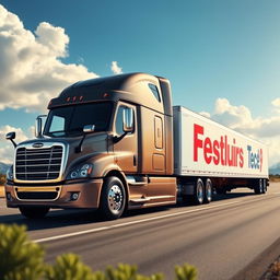 A realistic depiction of a Freightliner Cascadia truck, showcasing its sleek design and impressive features