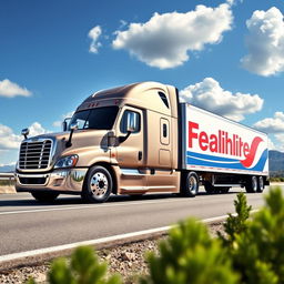 A realistic depiction of a Freightliner Cascadia truck, showcasing its sleek design and impressive features