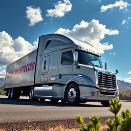 A realistic depiction of a Freightliner Cascadia truck, showcasing its sleek design and impressive features