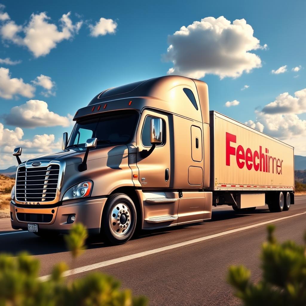 A realistic depiction of a Freightliner Cascadia truck, showcasing its sleek design and impressive features