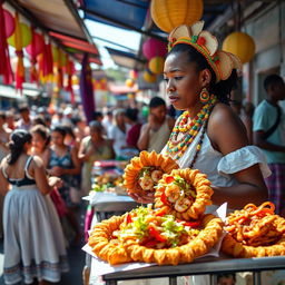 A vibrant and colorful street food scene featuring Acarajé, a traditional Brazilian dish