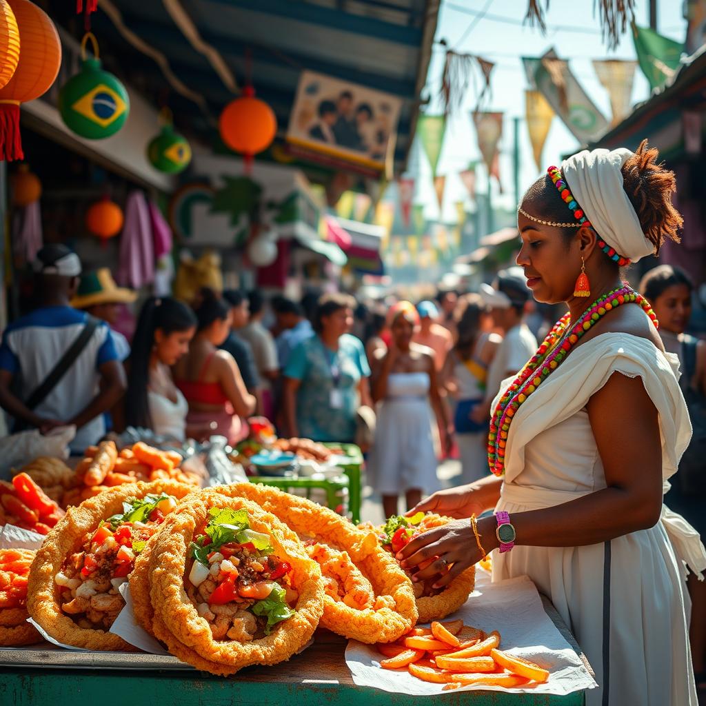 A vibrant and colorful street food scene featuring Acarajé, a traditional Brazilian dish