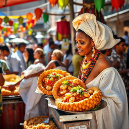 A vibrant and colorful street food scene featuring Acarajé, a traditional Brazilian dish