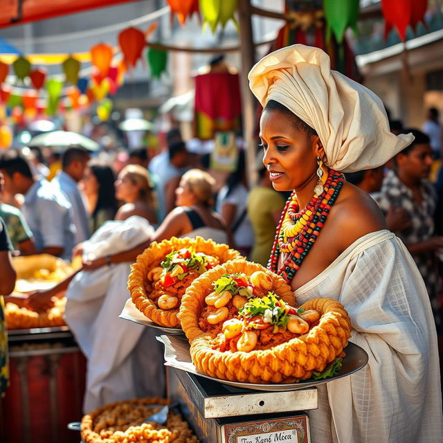 A vibrant and colorful street food scene featuring Acarajé, a traditional Brazilian dish