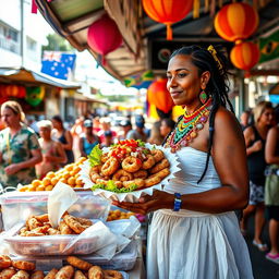 A vibrant and colorful street food scene featuring Acarajé, a traditional Brazilian dish