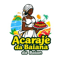 A vibrant and colorful logo design for 'Acarajé da Baiana', featuring elements of traditional Brazilian culture