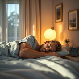 A serene scene of a man peacefully sleeping in a cozy bedroom