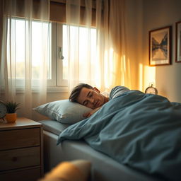 A serene scene of a man peacefully sleeping in a cozy bedroom