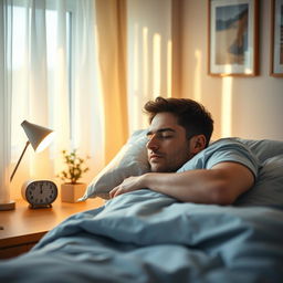 A serene scene of a man peacefully sleeping in a cozy bedroom