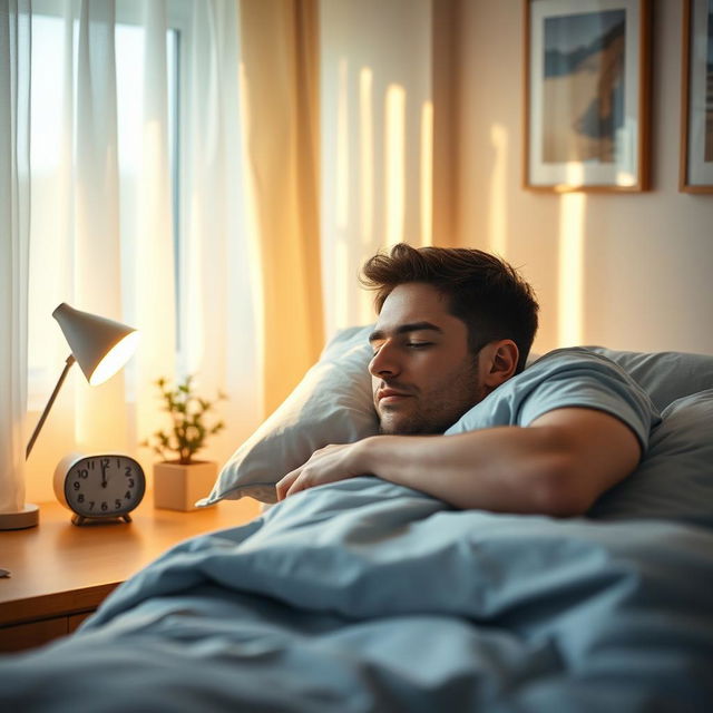 A serene scene of a man peacefully sleeping in a cozy bedroom