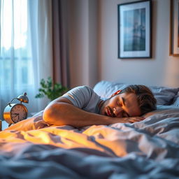 A serene scene of a man peacefully sleeping in a cozy bedroom