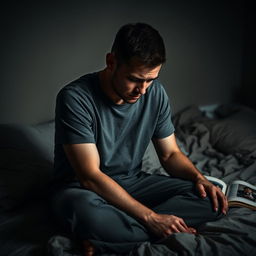 A somber portrait of a man sitting on a bed, with his head down and shoulders slumped, expressing deep sadness