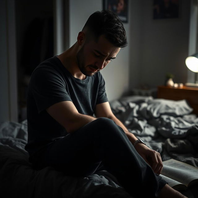 A somber portrait of a man sitting on a bed, with his head down and shoulders slumped, expressing deep sadness