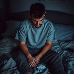 A somber portrait of a man sitting on a bed, with his head down and shoulders slumped, expressing deep sadness