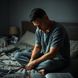 A somber portrait of a man sitting on a bed, with his head down and shoulders slumped, expressing deep sadness