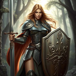 A heroic female Dungeons & Dragons paladin standing confidently with a gleaming sword in one hand and a shield in the other