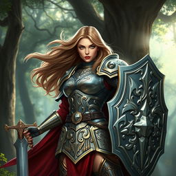 A heroic female Dungeons & Dragons paladin standing confidently with a gleaming sword in one hand and a shield in the other