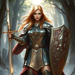 A heroic female Dungeons & Dragons paladin standing confidently with a gleaming sword in one hand and a shield in the other