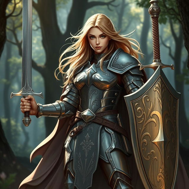 A heroic female Dungeons & Dragons paladin standing confidently with a gleaming sword in one hand and a shield in the other