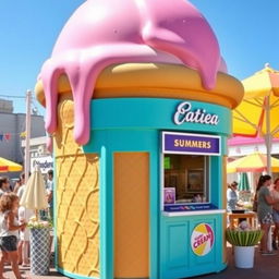 A whimsical kiosk designed to resemble an oversized ice cream cone, featuring a bright and colorful exterior