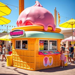 A whimsical kiosk designed to resemble an oversized ice cream cone, featuring a bright and colorful exterior