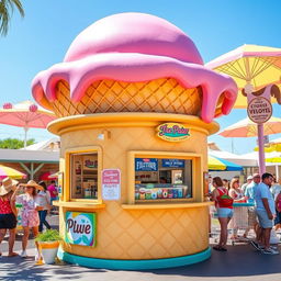 A whimsical kiosk designed to resemble an oversized ice cream cone, featuring a bright and colorful exterior