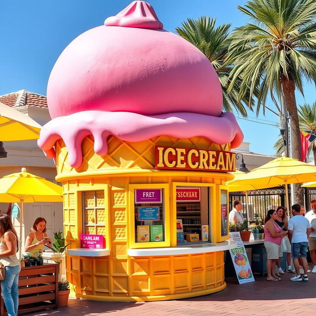 A whimsical kiosk designed to resemble an oversized ice cream cone, featuring a bright and colorful exterior