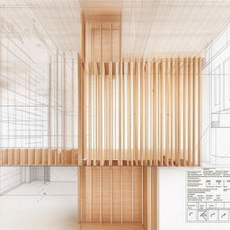 Detailed drawing of wooden partition wall construction with clear indications of dimensions, showcasing the intricacy of the layout and woodcraft