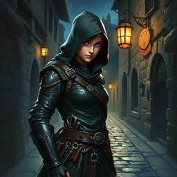 A Dungeons & Dragons rogue character, featuring a sleek, agile figure dressed in dark leather armor adorned with subtle silver details