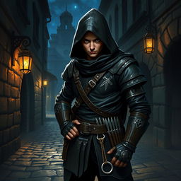 A Dungeons & Dragons rogue character, featuring a sleek, agile figure dressed in dark leather armor adorned with subtle silver details