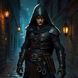 A Dungeons & Dragons rogue character, featuring a sleek, agile figure dressed in dark leather armor adorned with subtle silver details