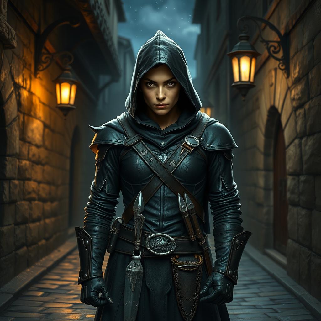 A Dungeons & Dragons rogue character, featuring a sleek, agile figure dressed in dark leather armor adorned with subtle silver details