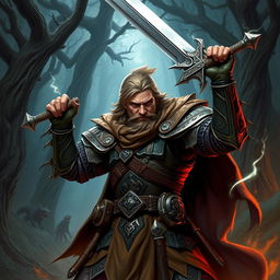 A fierce and determined Dungeons & Dragons warrior, clad in intricately designed armor reflecting the character's unique backstory