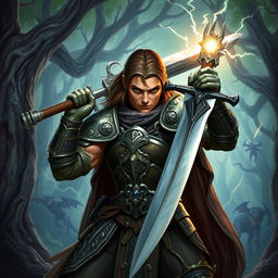 A fierce and determined Dungeons & Dragons warrior, clad in intricately designed armor reflecting the character's unique backstory