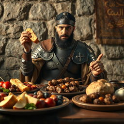 A strong and determined Janissary warrior in elaborate armor, sitting at a rustic table filled with an array of delicious Middle Eastern dishes, including lamb kebabs, fresh bread, and fruit