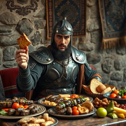 A strong and determined Janissary warrior in elaborate armor, sitting at a rustic table filled with an array of delicious Middle Eastern dishes, including lamb kebabs, fresh bread, and fruit